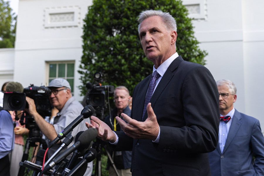 Republican House Speaker Kevin McCarthy speaks to the press after a meeting with President Joe Biden on debt ceiling in Washington, D.C., the United States, May 22, 2023.