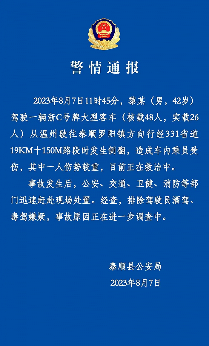 浙江温州至泰顺一客运大巴发生侧翻 警方通报