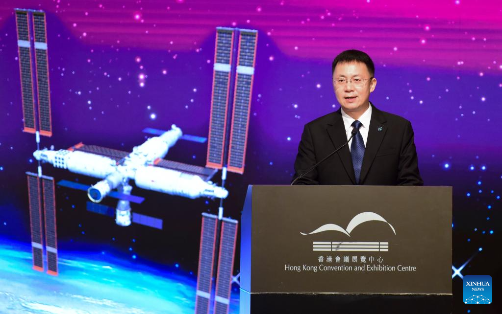 Lin Xiqiang, deputy director of the China Manned Space Agency (CMSA), delivers a speech during a press conference in Hong Kong, south China, Nov. 28, 2023. (Xinhua/Lui Sui Wai)