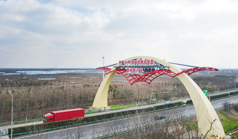 2022年2月10日拍摄的S2沪芦高速上的中国（上海）自由贸易试验区临港新片区“海鸥门”。