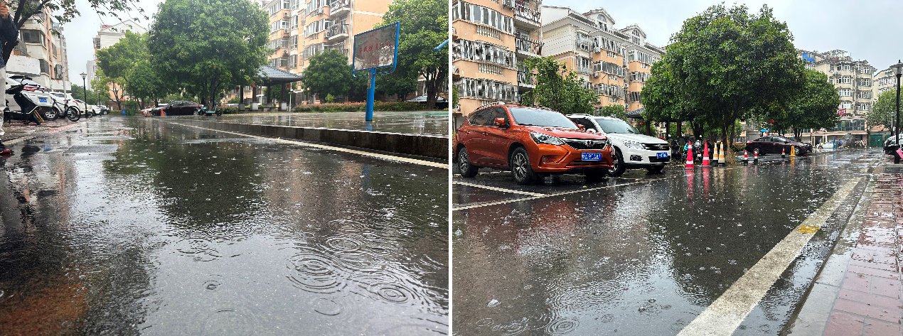 下雨时，小区沥青路面积水严重（记者韩雪莹 摄）