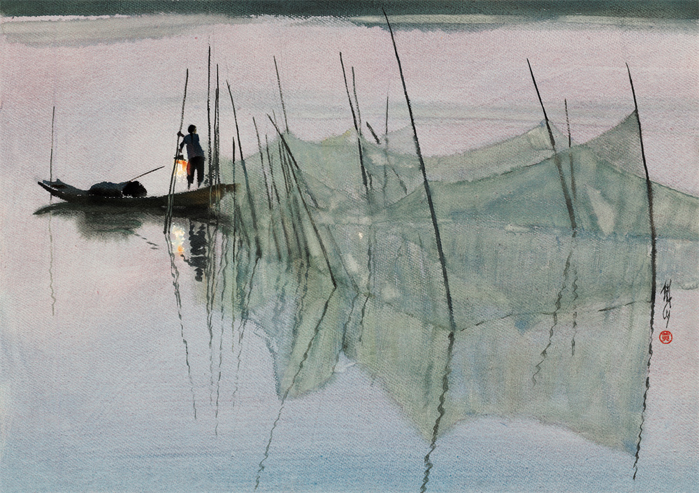 洞庭渔光曲 黄铁山 纸本水彩 53x75cm 1994年 中国美术馆藏