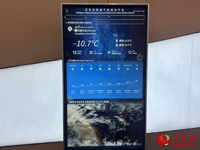 摩天轮等候大厅实时显现的气候信息。人民网 高清扬摄