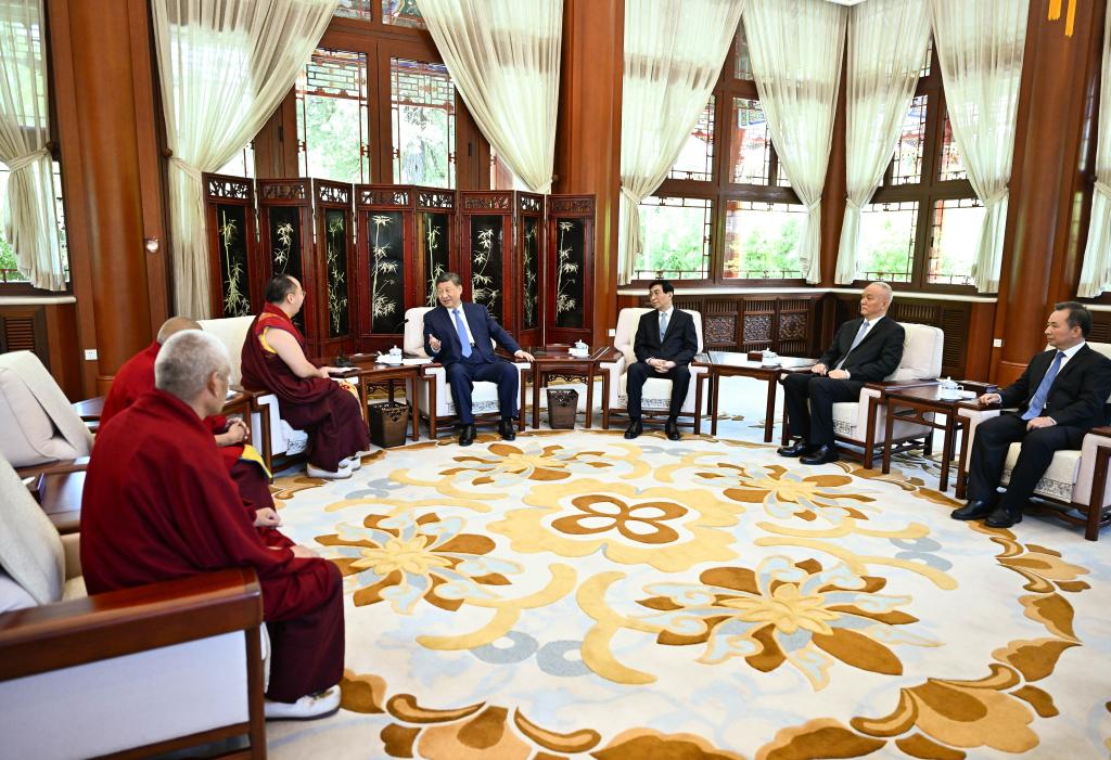 Chinese President Xi Jinping, also general secretary of the Communist Party of China Central Committee and chairman of the Central Military Commission, receives a visit from Panchen Erdeni Chos-kyi rGyal-po at Zhongnanhai in Beijing, capital of China, June 6, 2025. (Xinhua/Yan Yan)
