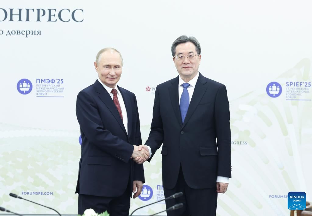 Chinese Vice Premier Ding Xuexiang, also a member of the Standing Committee of the Political Bureau of the Communist Party of China Central Committee, meets with Russian President Vladimir Putin in St. Petersburg, Russia, June 20, 2025. (Xinhua/Pang Xinglei)
