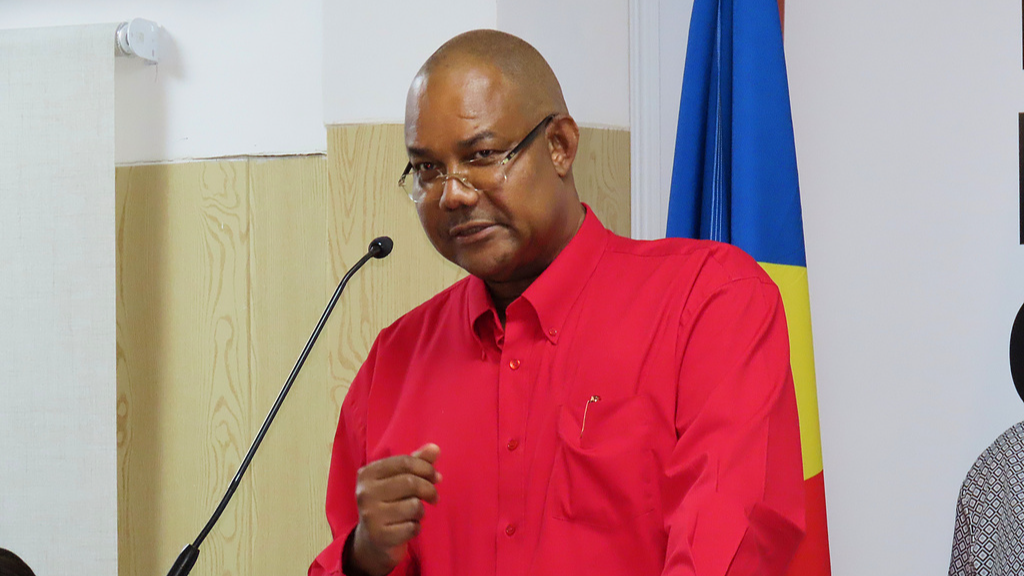 Patrick Herminie gives a speech after winning the runoff presidential election at the Electoral Commission Headquarters in Victoria, Seychelles, October 12, 2025. /VCG