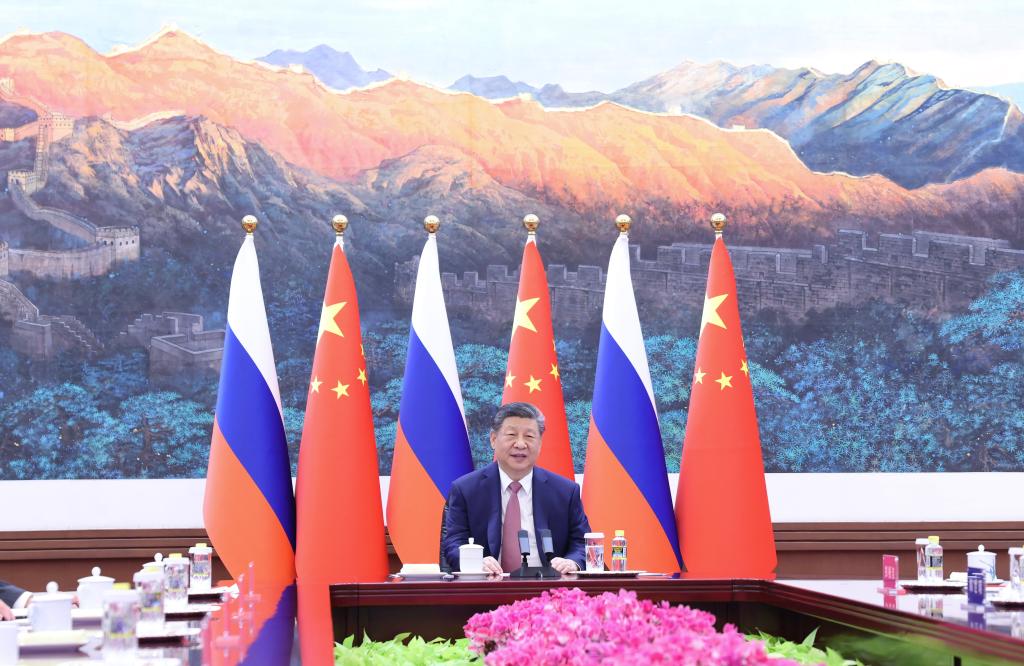 Chinese President Xi Jinping holds a virtual meeting with Russian President Vladimir Putin at the Great Hall of the People in Beijing, capital of China, Feb. 4, 2026. (Xinhua/Huang Jingwen)